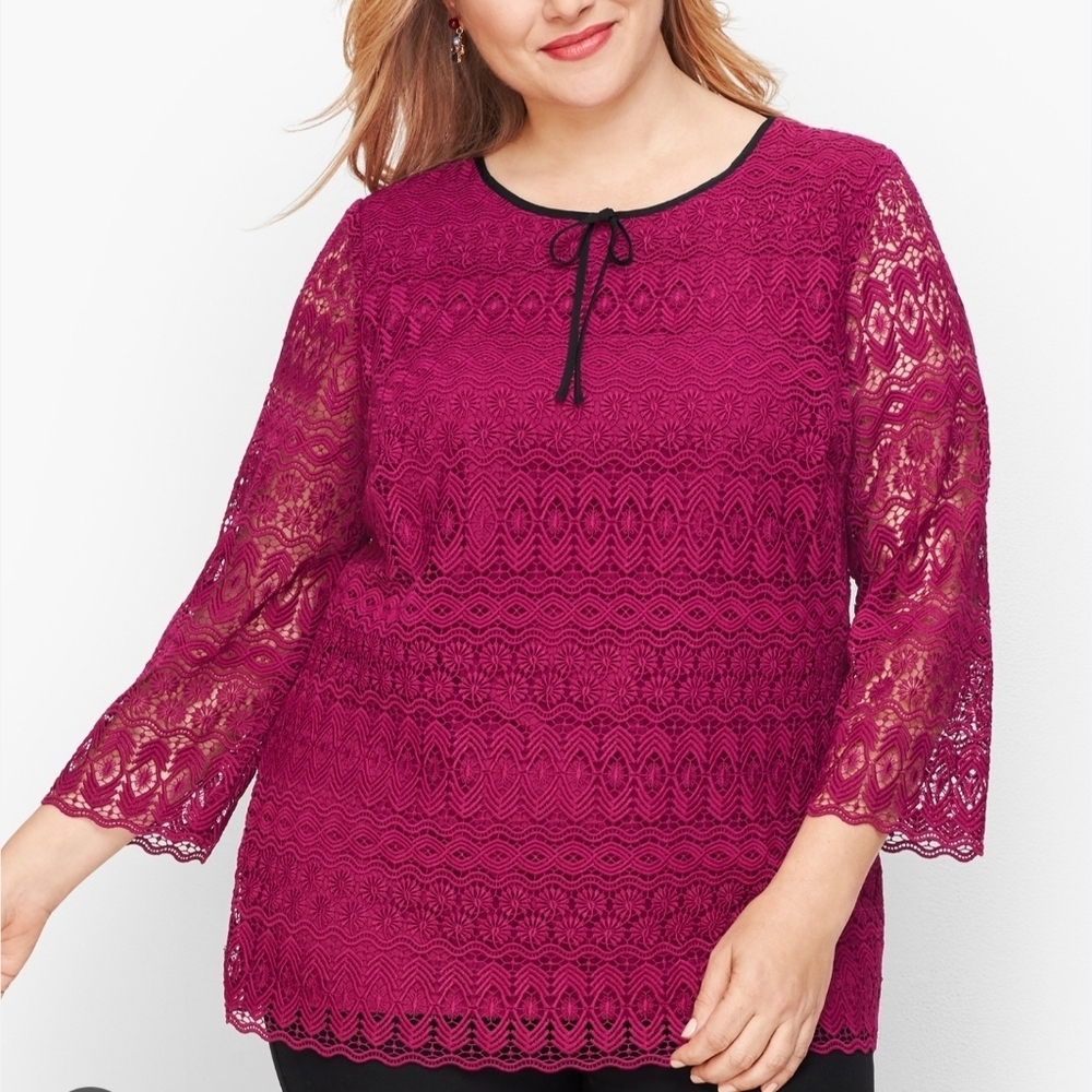 Talbots Plus Burgundy Lace Blouse Top Lined Sheer Sleeve Size 3X BOW MISSING